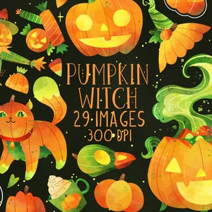 Puede incluir: Una colección de 29 ilustraciones digitales con calabazas, gatos, brujas y otras imágenes con temática de Halloween. Las imágenes están en estilo acuarela y son perfectas para manualidades, scrapbooking y otros proyectos creativos. El texto "Pumpkin Witch 29 Images 300 DPI" se muestra en el centro de la imagen.