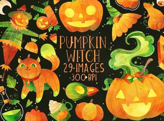 Watercolor Pumpkin Witch Clipart: Halloween Graphics (Digital Download)