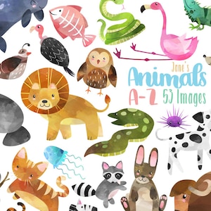 Watercolor Animals A-Z Clipart - Animal Alphabet Clipart - Instant Download - Lion - Alligator - Tiger - Koala - Eel - Whale - Iguana