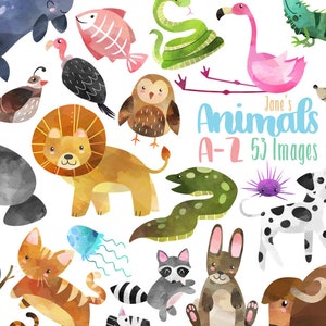 Animais em aquarela A-Z Clipart - Alfabeto Animal Clipart - Download instantâneo - Leão - Jacaré - Tigre - Coala - Enguia - Baleia - Iguana