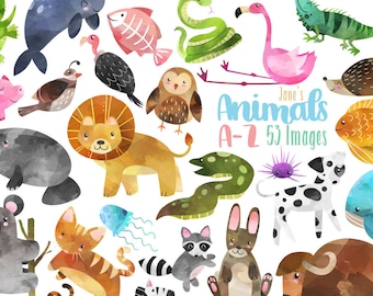 Watercolor Animals A-Z Clipart - Animal Alphabet Clipart - Instant Download - Lion - Alligator - Tiger - Koala - Eel - Whale - Iguana