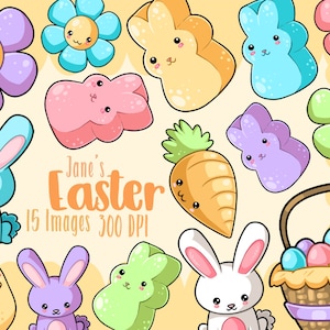 Kawaii Ostern Clipart - Kawaii Download - Instant Download - Bunte Ostern - Osterhase - Marshmallow-Kaninchen - Korb - Küken