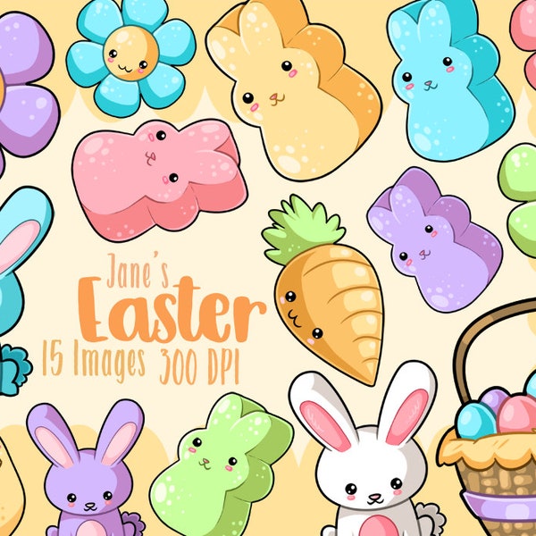 Kawaii Easter Clipart - Kawaii Download - Instant Download - Colorful Easter - Easter Bunny - Marshmallow Rabbit - Basket - Chick