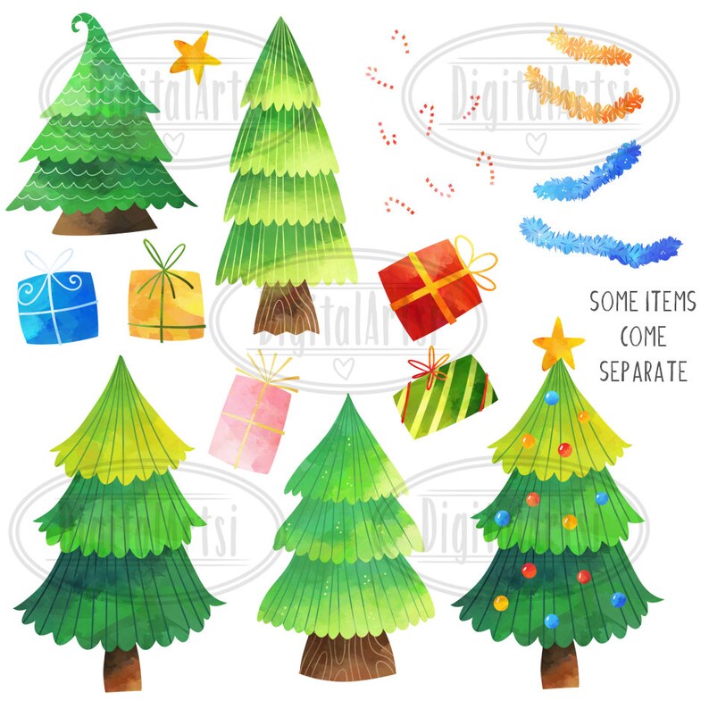 May include: Watercolor illustrations of Christmas trees, presents, and decorations. The trees are green with brown trunks and are decorated with colorful ornaments. The presents are wrapped in various colors and patterns. The decorations include red and white candy canes, blue and orange tinsel, and a gold star.