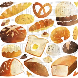 May include: A watercolor illustration of various baked goods, including bread, rolls, pretzels, and pastries. The illustration features a variety of shapes, sizes, and colors, with a focus on the warm, inviting tones of freshly baked bread.