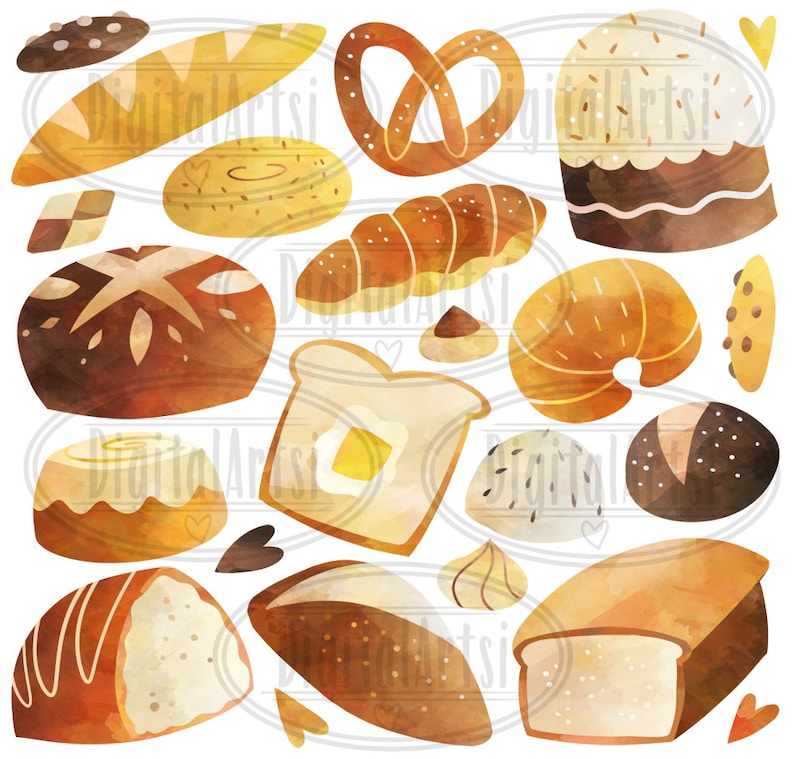 May include: A watercolor illustration of various baked goods, including bread, rolls, pretzels, and pastries. The illustration features a variety of shapes, sizes, and colors, with a focus on the warm, inviting tones of freshly baked bread.