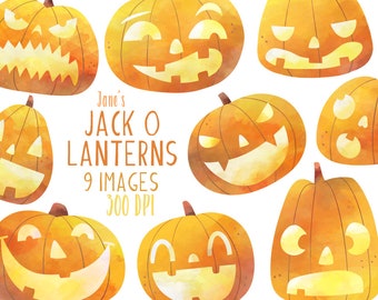 Watercolor Jack O Lantern Clipart: Halloween Pumpkin Images (Digital Download)