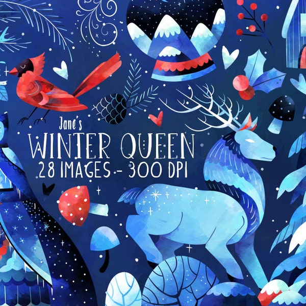 Aquarell Winter Queen Clipart - Schnee Download - Instant Download - Eis - Kälte - Frost - Magie - Fantasy - Blauer Winter - Kiefer - Hirsch