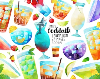 Watercolor Cocktails Clipart - Mixed Drink Download - Instant Download - Fancy Beverages - Alcoholic Drinks