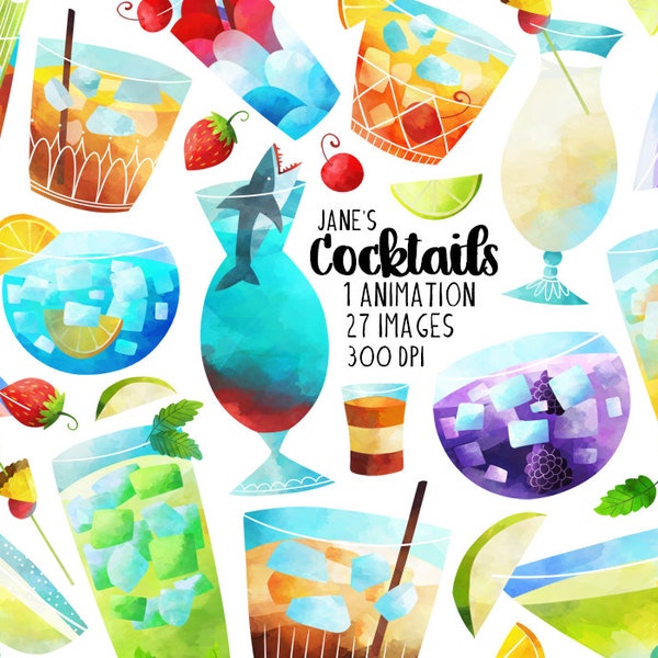 Watercolor Cocktails Clipart - Mixed Drink Download - Téléchargement instantané - Fancy Beverages - Boissons alcoolisées