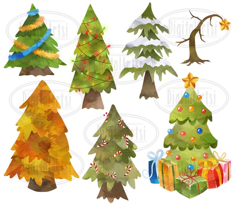 Cute Conifers Yule Trees Watercolor Pine Trees Download Instant Download Watercolor ChristmasTrees Clipart