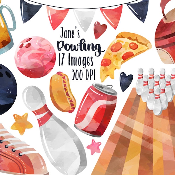 Aquarel Bowling Clipart - Bowling Download - Instant Download - Bowling Ballen - Pins - Alley - Schoenen - Party - Commercieel Gebruik