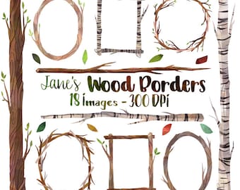Watercolor Wooden Frames and Borders Clipart - Tree Borders Download - Instant Download - Twigs - Leaves - Birch - Commercial Use