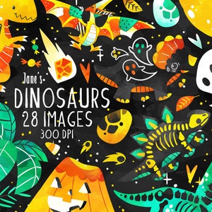 Watercolor Halloween Dinosaurs Clipart: 28 PNG Images (Commercial Use)