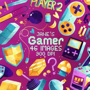 Clipart de jugador de acuarela - Descarga de videojuegos - Descarga instantánea - Juegos - Controladores - Monedas - Cristales - Arcade - Juegos retro - Hongos