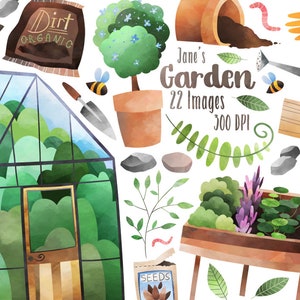 Clipart de jardim em aquarela - Download de jardinagem em aquarela - Download instantâneo - Estufa - Vasos - Sementes - Sujeira - Insetos - Plantas - Pá