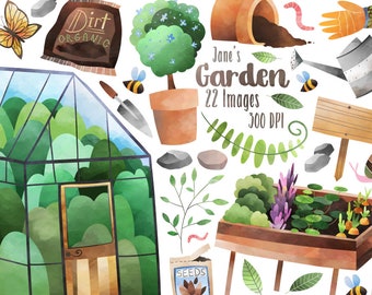 Watercolor Garden Clipart - Watercolor Gardening Download - Instant Download - Greenhouse - Pots - Seeds - Dirt - Bugs - Plants - Spade