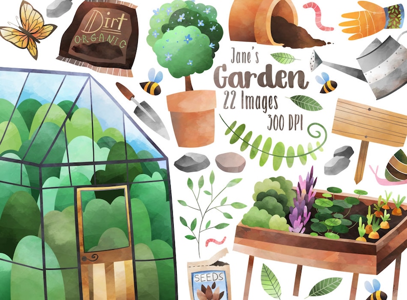 Greenhouse Plants Watercolor Garden Clipart Dirt Watercolor Gardening Download Bugs Spade Instant Download Seeds Pots