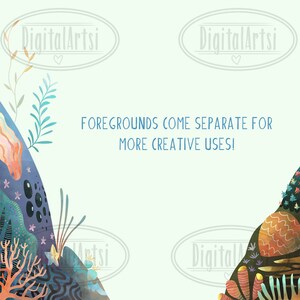 Puede incluir: Una ilustraci&oacute;n digital de una escena submarina colorida con corales, algas y otras formas de vida marina. El texto "FOREGROUNDS COME SEPARATE FOR MORE CREATIVE USES!" est&aacute; en el centro de la imagen.