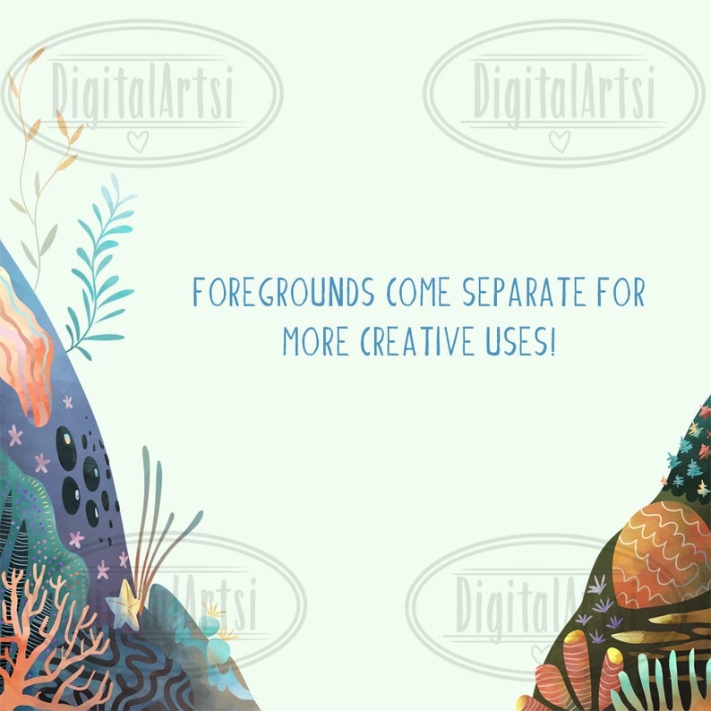 Puede incluir: Una ilustraci&oacute;n digital de una escena submarina colorida con corales, algas y otras formas de vida marina. El texto "FOREGROUNDS COME SEPARATE FOR MORE CREATIVE USES!" est&aacute; en el centro de la imagen.