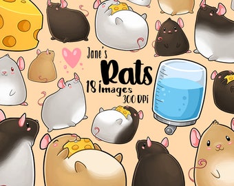 Kawaii Rats Clipart - Cute Rodents Download - Pet Rats - Mice - Water Feeder - Cheese - Hooded Rat - Fawn Rat