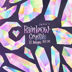 Watercolor Crystals Clipart - Rainbow Crystals Download - Instant Download - Watercolor Crystals - Gemstones - Pastels - Rainbow Aura Quartz