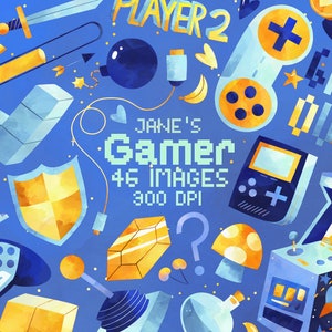 Aquarel gamer clipart - videogame downloaden - directe download - gaming - controllers - munt - kristal - arcade - retro games - paddenstoel