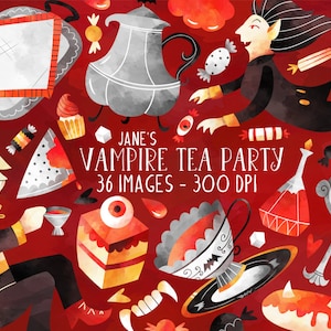 Watercolor Vampire Tea Party Clipart: Spooky Halloween Graphics (Digital Download)