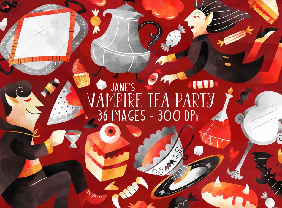 Aquarell Vampir-Tee-Party Clipart: Gruselige Halloween-Grafik (digitaler Download)