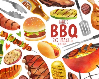 Watercolor BBQ Clipart - Barbeque Items Download - Instant Download - Grill - Kebab - Ribs - Brisket - American Culture