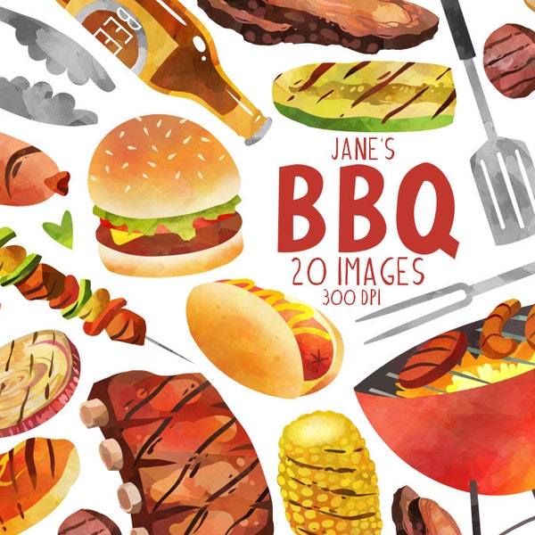 Watercolor BBQ Clipart - Barbeque Items Download - Instant Download - Grill - Kebab - Ribs - Brisket - American Culture