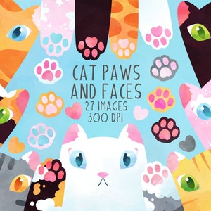 Katzen Pfoten und Gesichter Clipart - Katzen Download - Sofort Download - Getigerte Katze - Schwarz - Grau - Kitties - Weiß - Orange - Handgezeichnet