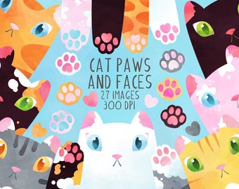 Cat Paws and Faces Clipart - Cats Download - Instant Download - Tabby - Black - Grey - Kitties - White - Orange