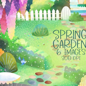 Aquarell Frühling Garten Clipart - Umgebung Download - Sofort Download - Hinterhof - Umgebung - Ruhige Szene - Illustration