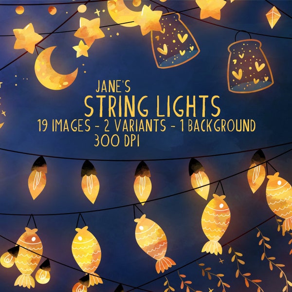Watercolor String Lights Clipart - Instant Download - Hanging Lights - Fairy Lights - Fish - Fireflies - Moon - Stars - Orange - Yellow