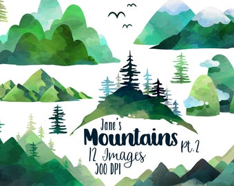 Watercolor Mountains Clipart - Mountain Download - Instant Download - Pine Trees - Hills - Cloudy - Borders - Corners - Green