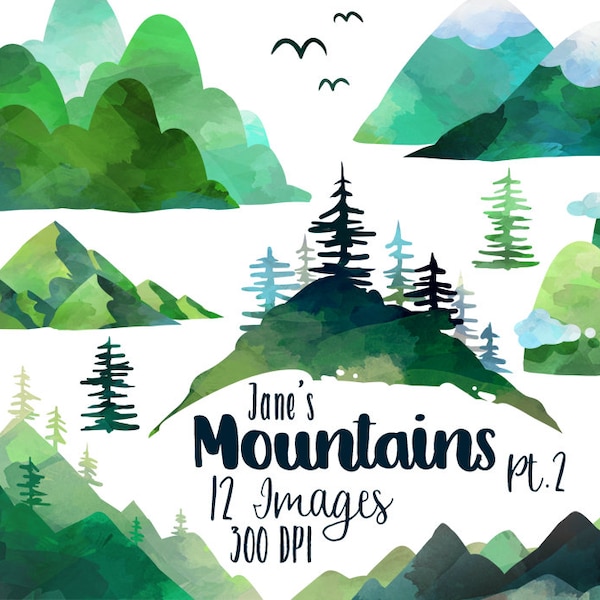 Aquarelle Montagnes Clipart - Téléchargement montagne - Téléchargement instantané - Pins - Collines - Nuageux - Bordures - Coins - Vert