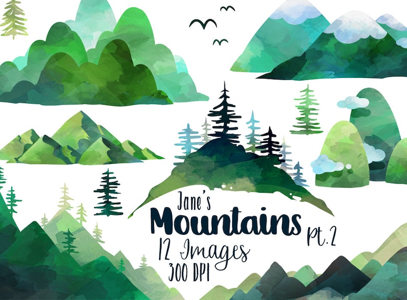 Green Hills Mountain Download Borders Cloudy Pine Trees Watercolor Mountains Clipart Corners Instant Download