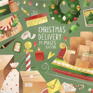 Clipart navideño de acuarela - Descarga instantánea - Navidad - Cajas - Envíos - Sobres - Escritura - Cartas - Dibujado a mano - Hecho por humanos
