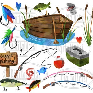 Pu&ograve; includere: Un'illustrazione ad acquerello di clipart a tema pesca. L'illustrazione include una barca di legno, canne da pesca, esche, vermi, una scatola da pesca, un galleggiante rosso, un cartello che dice "Gone Fishing!" e un pesce.