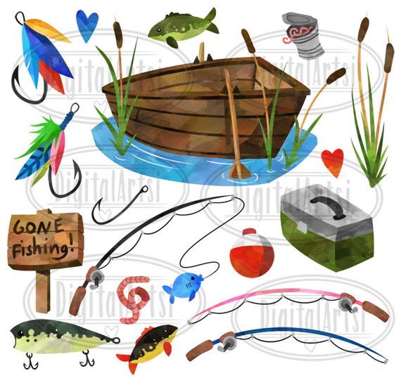 Watercolor Fishing Clipart Fishing Items Download Instant Download