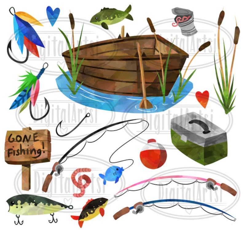 Watercolor Fishing Clipart Fishing Items Download Instant Download Watercolor Fishing Supplies Lures Rods Boat image 2