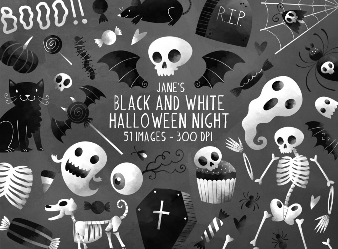 Buy Black and White Halloween Clipart: Spooky Ghosts, Skulls (digital  Download) Online in India - Etsy, image size:1080x796