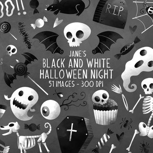 Black and White Halloween Clipart - Halloween Download - Instant Download - Trick or Treating - Ghosts - Spiders - Skulls - Bats - Skeletons