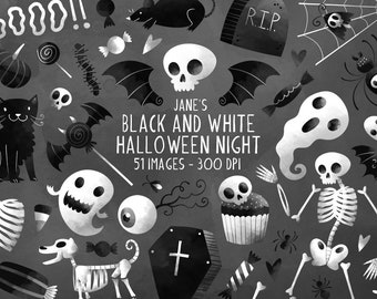 Black and White Halloween Clipart - Halloween Download - Instant Download - Trick or Treating - Ghosts - Spiders - Skulls - Bats - Skeletons