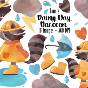 Watercolor Rainy Day Clipart - Download - Instant Download - Raccoon - Rain Cloud - Umbrella