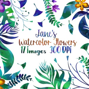 Aquarelle tropicale feuilles et fleurs Clipart - téléchargement d'éléments floraux bleu et violet sarcelle - téléchargement immédiat - fougères aquarelle