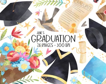 Clipart de graduación en acuarela: birrete, diploma y ramo (descarga digital)