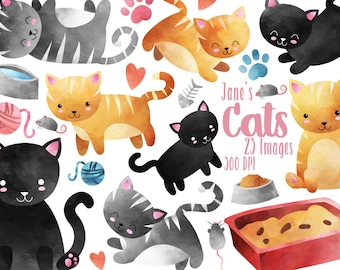 Watercolor Cats Clipart - Cats Download - Instant Download - Black Cats - Brown Cats - Grey Cats - Litter Box - Yarn Ball - Paw Prints