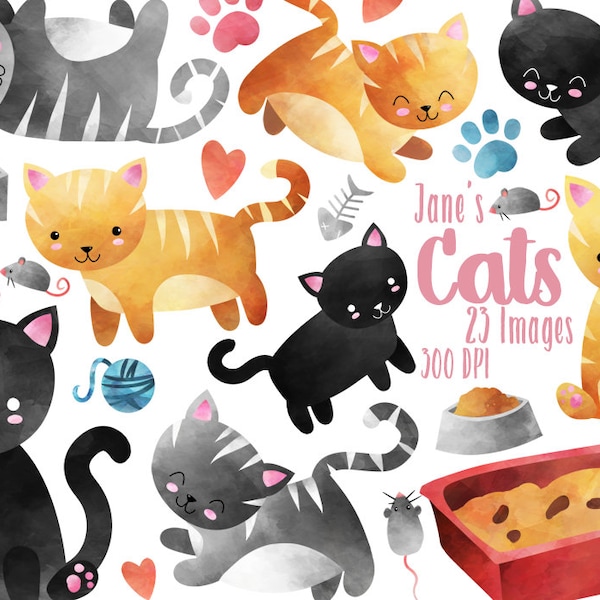 Watercolor Cats Clipart - Cats Download - Instant Download - Black Cats - Brown Cats - Grey Cats - Litter Box - Yarn Ball - Paw Prints